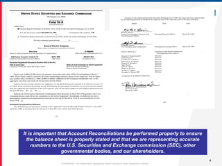 4
Confidential. All trademarks appearing herein belong to their respective owners.
It is important that Account Reconciliations be performed properly to ensure
the balance sheet is properly stated and that we are representing accurate
numbers to the U.S. Securities and Exchange commission (SEC), other
governmental bodies, and our shareholders.
 