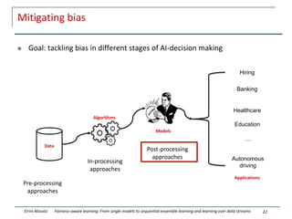 Mitigating bias
 Goal: tackling bias in different stages of AI-decision making
22
Eirini Ntoutsi Fairness-aware learning: From single models to sequential ensemble learning and learning over data streams
Algorithms
Models
Models
Data
Applications
Hiring
Banking
Healthcare
Education
Autonomous
driving
…
Pre-processing
approaches
In-processing
approaches
Post-processing
approaches
 
