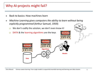 Why AI-projects might fail?
 Back to basics: How machines learn
 Machine Learning gives computers the ability to learn without being
explicitly programmed (Arthur Samuel, 1959)
 We don’t codify the solution, we don’t even know it!
 DATA & the learning algorithms are the keys
5
Eirini Ntoutsi Fairness-aware learning: From single models to sequential ensemble learning and learning over data streams
Algorithms
Models
Models
Data
 