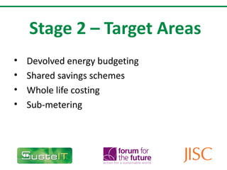 Stage 2 – Target Areas Devolved energy budgeting Shared savings schemes Whole life costing Sub-metering 