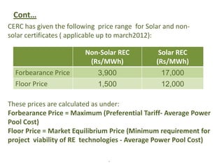 Cont…
.
CERC has given the following price range for Solar and non-
solar certificates ( applicable up to march2012):
Non-Solar REC
(Rs/MWh)
Solar REC
(Rs/MWh)
Forbearance Price 3,900 17,000
Floor Price 1,500 12,000
These prices are calculated as under:
Forbearance Price = Maximum (Preferential Tariff- Average Power
Pool Cost)
Floor Price = Market Equilibrium Price (Minimum requirement for
project viability of RE technologies - Average Power Pool Cost)
 