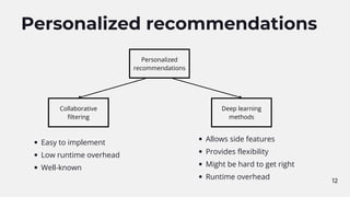 Collaborative
filtering
12
Personalized recommendations
Deep learning
methods
Personalized
recommendations
Easy to implement
Low runtime overhead
Well-known
Allows side features
Provides flexibility
Might be hard to get right
Runtime overhead
 