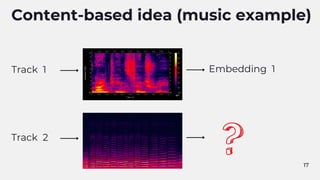Content-based idea (music example)
Track 1
Track 2
Embedding 1
17
 