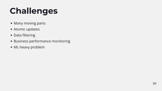 Challenges
Many moving parts
Atomic updates
Data filtering
Business performance monitoring
ML-heavy problem
20
 