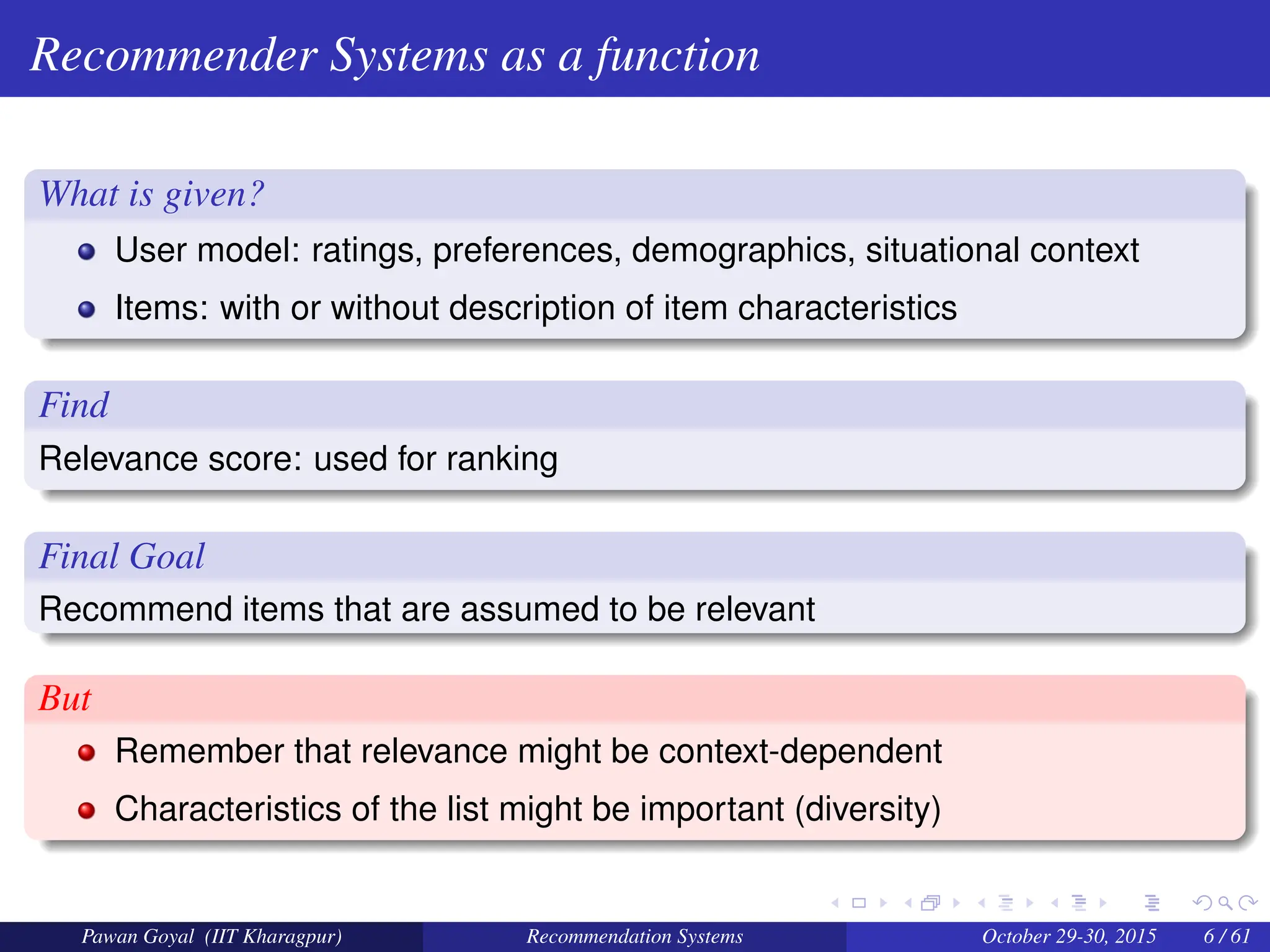 Recommender Systems as a function
What is given?
User model: ratings, preferences, demographics, situational context
Items: with or without description of item characteristics
Find
Relevance score: used for ranking
Final Goal
Recommend items that are assumed to be relevant
But
Remember that relevance might be context-dependent
Characteristics of the list might be important (diversity)
Pawan Goyal (IIT Kharagpur) Recommendation Systems October 29-30, 2015 6 / 61
 