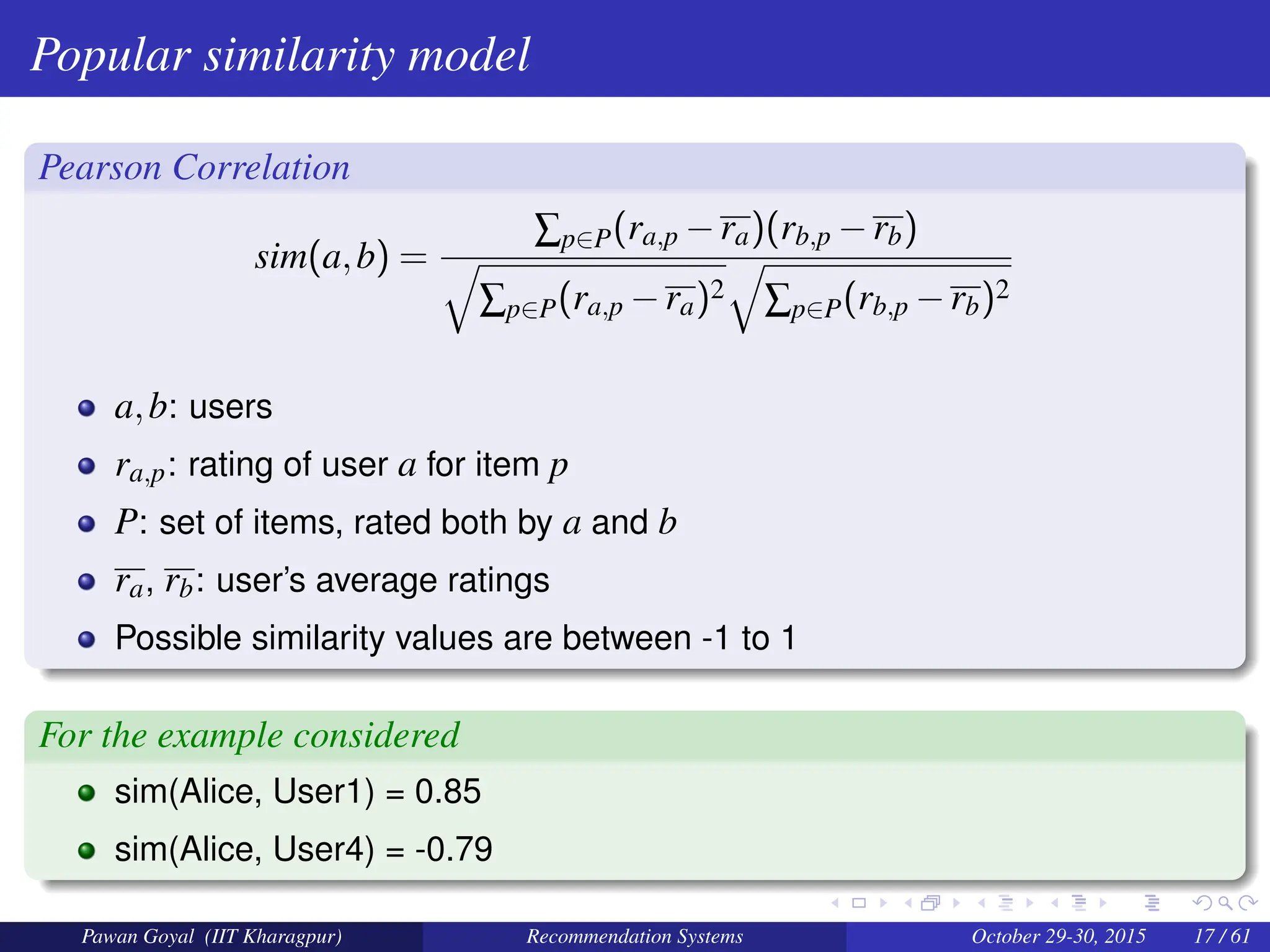 Popular similarity model
Pearson Correlation
sim(a,b) =
∑p∈P(ra,p −ra)(rb,p −rb)
q
∑p∈P(ra,p −ra)2
q
∑p∈P(rb,p −rb)2
a,b: users
ra,p: rating of user a for item p
P: set of items, rated both by a and b
ra, rb: user’s average ratings
Possible similarity values are between -1 to 1
For the example considered
sim(Alice, User1) = 0.85
sim(Alice, User4) = -0.79
Pawan Goyal (IIT Kharagpur) Recommendation Systems October 29-30, 2015 17 / 61
 