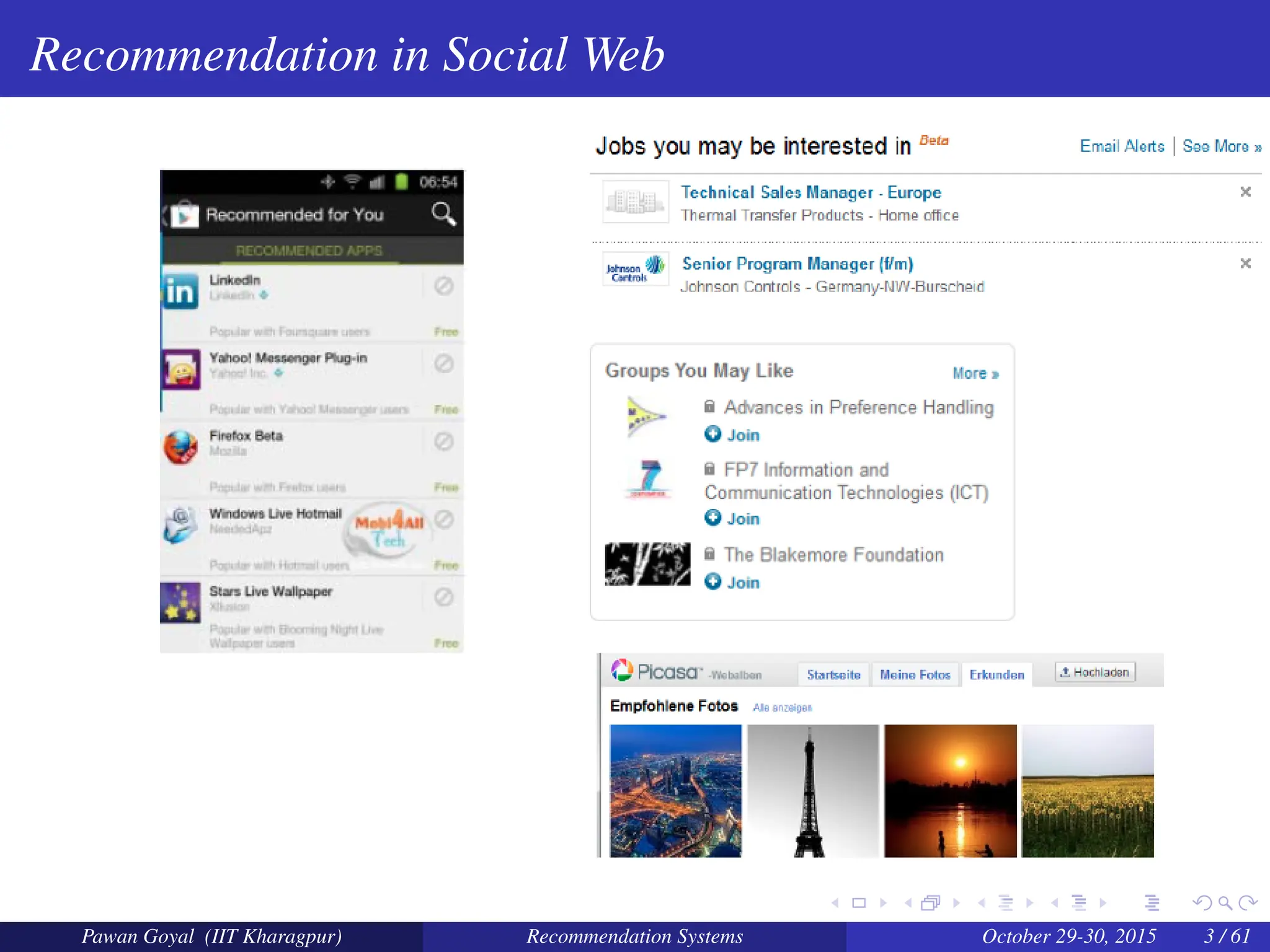 Recommendation in Social Web
Pawan Goyal (IIT Kharagpur) Recommendation Systems October 29-30, 2015 3 / 61
 