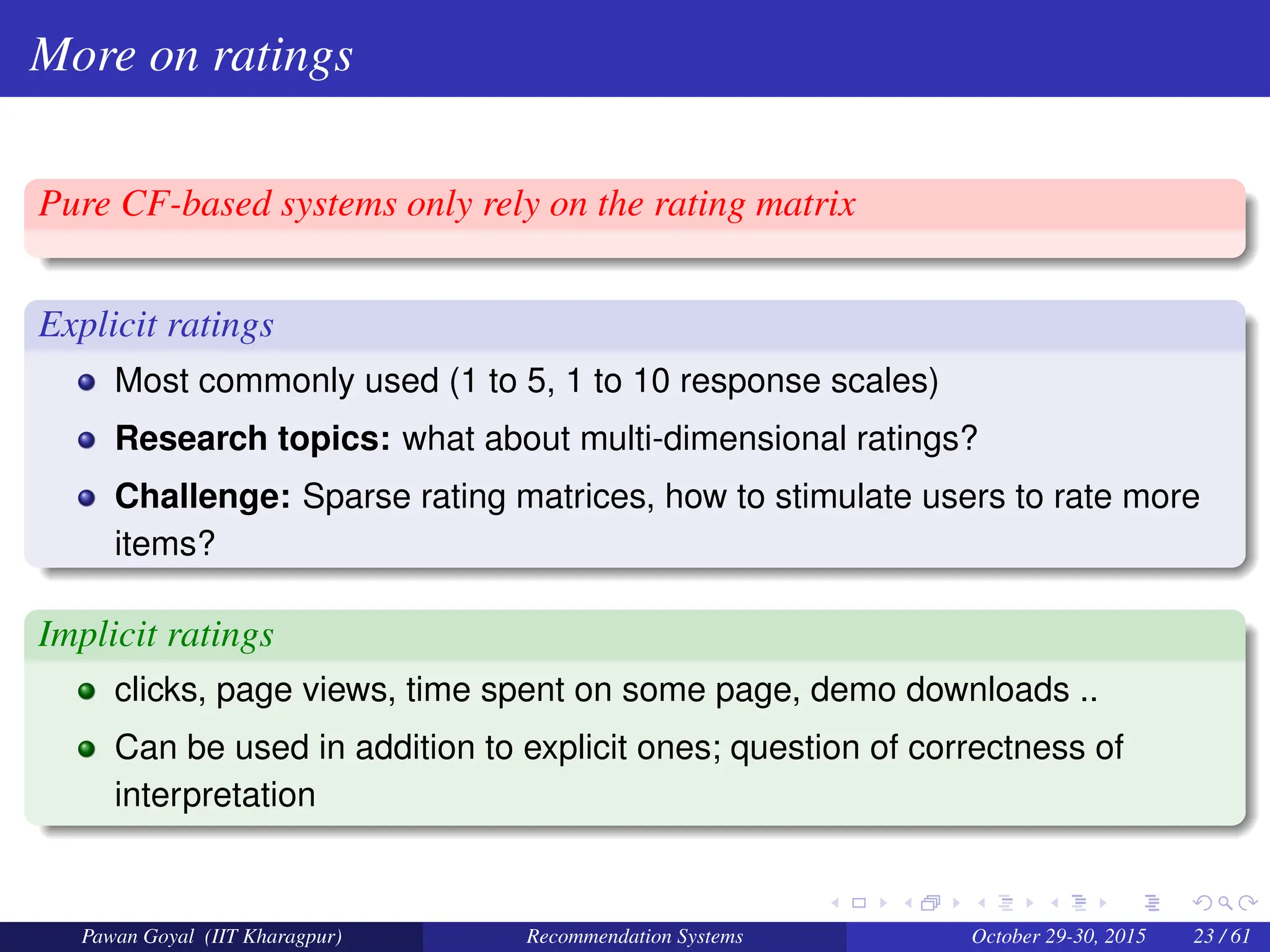 More on ratings
Pure CF-based systems only rely on the rating matrix
Explicit ratings
Most commonly used (1 to 5, 1 to 10 response scales)
Research topics: what about multi-dimensional ratings?
Challenge: Sparse rating matrices, how to stimulate users to rate more
items?
Implicit ratings
clicks, page views, time spent on some page, demo downloads ..
Can be used in addition to explicit ones; question of correctness of
interpretation
Pawan Goyal (IIT Kharagpur) Recommendation Systems October 29-30, 2015 23 / 61
 