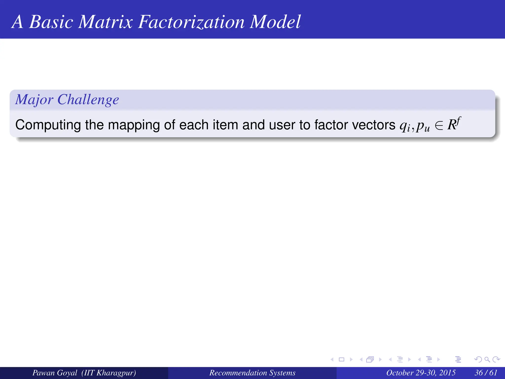 A Basic Matrix Factorization Model
Major Challenge
Computing the mapping of each item and user to factor vectors qi,pu ∈ Rf
Pawan Goyal (IIT Kharagpur) Recommendation Systems October 29-30, 2015 36 / 61
 