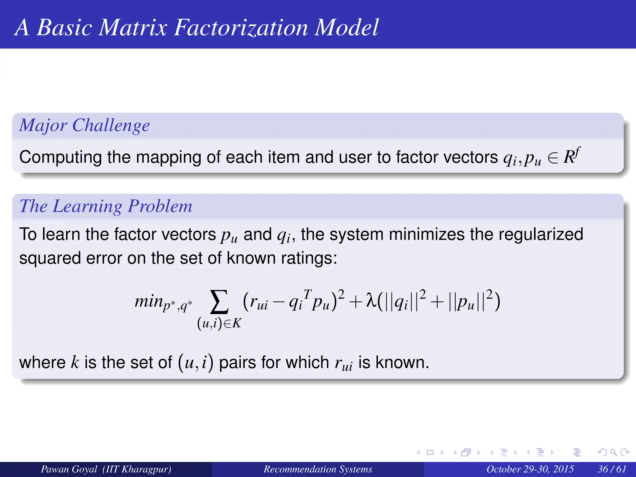 A Basic Matrix Factorization Model
Major Challenge
Computing the mapping of each item and user to factor vectors qi,pu ∈ Rf
The Learning Problem
To learn the factor vectors pu and qi, the system minimizes the regularized
squared error on the set of known ratings:
minp∗,q∗
∑
(u,i)∈K
(rui −qi
T
pu)2
+λ(||qi||2
+||pu||2
)
where k is the set of (u,i) pairs for which rui is known.
Pawan Goyal (IIT Kharagpur) Recommendation Systems October 29-30, 2015 36 / 61
 