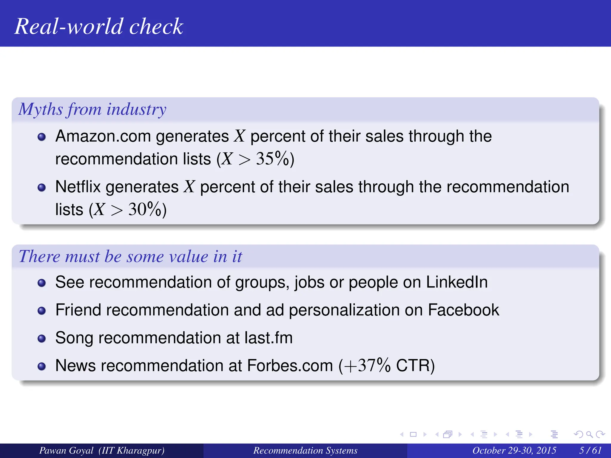 Real-world check
Myths from industry
Amazon.com generates X percent of their sales through the
recommendation lists (X > 35%)
Netflix generates X percent of their sales through the recommendation
lists (X > 30%)
There must be some value in it
See recommendation of groups, jobs or people on LinkedIn
Friend recommendation and ad personalization on Facebook
Song recommendation at last.fm
News recommendation at Forbes.com (+37% CTR)
Pawan Goyal (IIT Kharagpur) Recommendation Systems October 29-30, 2015 5 / 61
 