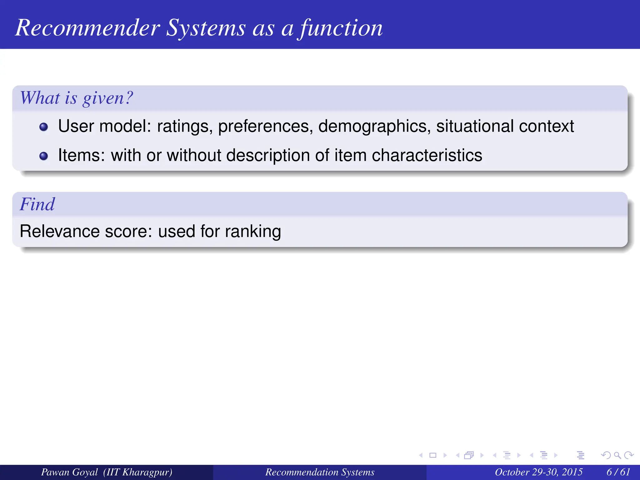 Recommender Systems as a function
What is given?
User model: ratings, preferences, demographics, situational context
Items: with or without description of item characteristics
Find
Relevance score: used for ranking
Pawan Goyal (IIT Kharagpur) Recommendation Systems October 29-30, 2015 6 / 61
 