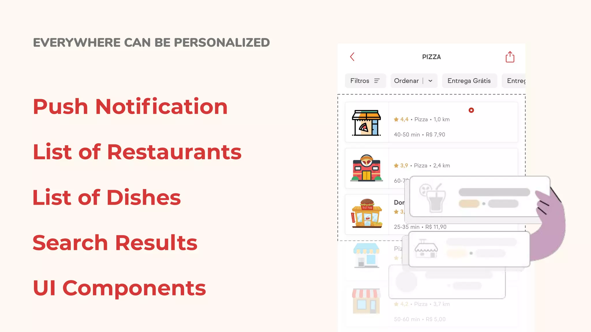 EVERYWHERE CAN BE PERSONALIZED
Push Notiﬁcation
List of Restaurants
List of Dishes
Search Results
UI Components
 