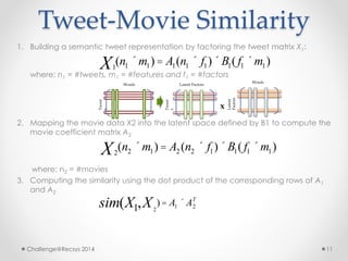 Tweet-Movie Similarity 
1. Building a semantic tweet representation by factoring the tweet matrix X1: 
X1(n1 ´m1) = A1(n1 ´ f1)´B1( f1 ´m1) 
where: n1 = #tweets, m1 = #features and f1 = #factors 
Tweet 
s 
Words 
Tweet 
s 
Latent Factors 
Latent 
Factors 
Words 
x 
2. Mapping the movie data X2 into the latent space defined by B1 to compute the 
movie coefficient matrix A2 
X2(n2 ´m1) = A2 (n2 ´ f1)´B1( f1 ´m1) 
where: n2 = #movies 
3. Computing the similarity using the dot product of the corresponding rows of A1 
and A2 
sim(X,X ) = A´ AT 
11 2 
2 Challenge@Recsys 2014 11 
 