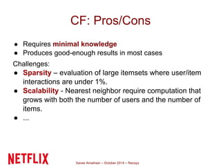 CF: Pros/Cons 
● Requires minimal knowledge 
● Produces good-enough results in most cases 
Challenges: 
● Sparsity – evaluation of large itemsets where user/item 
interactions are under 1%. 
● Scalability - Nearest neighbor require computation that 
grows with both the number of users and the number of 
items. 
● ... 
Xavier Amatriain – October 2014 – Recsys 
 