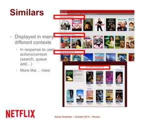 Xavier Amatriain – October 2014 – Recsys 
Similars 
▪ Displayed in many 
different contexts 
▪ In response to user 
actions/context 
(search, queue 
add…) 
▪ More like… rows 
 