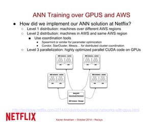 ANN Training over GPUS and AWS 
● How did we implement our ANN solution at Netflix? 
○ Level 1 distribution: machines over different AWS regions 
○ Level 2 distribution: machines in AWS and same AWS region 
■ Use coordination tools 
● Spearmint or similar for parameter optimization 
● Condor, StarCluster, Mesos… for distributed cluster coordination 
○ Level 3 parallelization: highly optimized parallel CUDA code on GPUs 
http://techblog.netflix.com/2014/02/distributed-neural-networks-with-gpus.html 
Xavier Amatriain – October 2014 – Recsys 
 