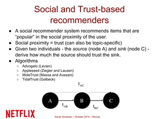 Social and Trust-based 
recommenders 
● A social recommender system recommends items that are 
“popular” in the social proximity of the user. 
● Social proximity = trust (can also be topic-specific) 
● Given two individuals - the source (node A) and sink (node C) - 
derive how much the source should trust the sink. 
Xavier Amatriain – October 2014 – Recsys 
● Algorithms 
○ Advogato (Levien) 
○ Appleseed (Ziegler and Lausen) 
○ MoleTrust (Massa and Avesani) 
○ TidalTrust (Golbeck) 
 