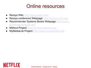 Online resources 
● Recsys Wiki: http://recsyswiki.com/ 
● Recsys conference Webpage: http://recsys.acm.org/ 
● Recommende...