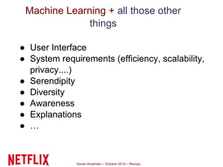 Machine Learning + all those other 
things 
● User Interface 
● System requirements (efficiency, scalability, 
privacy.......