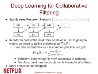 Deep Learning for Collaborative 
Filtering 
● Spotify uses Recurrent Network (http://erikbern.com/?p=589) 
● In order to p...