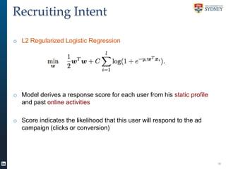 Recruiting Intent
o L2 Regularized Logistic Regression

o Model derives a response score for each user from his static pro...