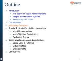 Outline
 Introduction
 The basics of Social Recommenders
 People recommender systems
 Reciprocity & its quirks
 Corne...