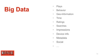 §  Plays
Big Data   §  Behavior
           §  Geo-Information
           §  Time
           §  Ratings
           §  Searches
           §  Impressions
           §  Device info
           §  Metadata
           §  Social
           §  …


                                 19
 