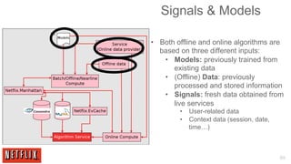 Signals & Models

•  Both offline and online algorithms are
   based on three different inputs:
    •  Models: previously trained from
       existing data
    •  (Offline) Data: previously
       processed and stored information
    •  Signals: fresh data obtained from
       live services
        •  User-related data
        •  Context data (session, date,
           time…)



                                          69
 