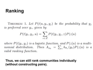 Ranking

Thus, we can still rank communities individually
(without constructing pairs).

 