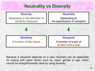 Neutrality vs Diversity 
20 
Diversity 
Depending on the definition of 
similarity measures 
Neutrality 
Depending on 
the specification of viewpoint 
Similarity 
A function of two items 
Viewpoint 
A function of a pair of 
an item and a user 
Because a viewpoint depends on a user, neutrality can be applicable 
for coping with users’ factor, such as, users’ gender or age, which 
cannot be straightforwardly dealt by using diversity 
 