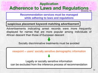 Application 
Adherence to Laws and Regulations 
13 
Recommendation services must be managed 
while adhering to laws and re...