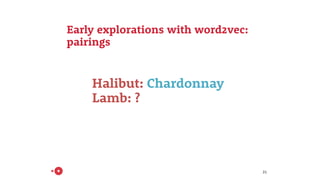 23
Early explorations with word2vec:
pairings
Halibut: Chardonnay
Lamb: Zinfandel
 