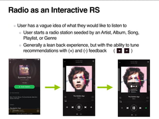 Radio as an Interactive RS
User has a vague idea of what they would like to listen to
User starts a radio station seeded by an Artist, Album, Song,
Playlist, or Genre
Generally a lean back experience, but with the ability to tune
recommendations with (+) and (-) feedback ( )
 