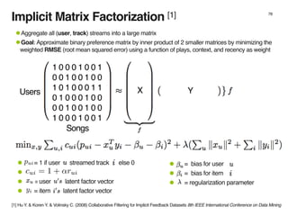 Implicit Matrix Factorization [1] 78
1 0 0 0 1 0 0 1
0 0 1 0 0 1 0 0
1 0 1 0 0 0 1 1
0 1 0 0 0 1 0 0
0 0 1 0 0 1 0 0
1 0 0 0 1 0 0 1
•Aggregate all (user, track) streams into a large matrix
•Goal: Approximate binary preference matrix by inner product of 2 smaller matrices by minimizing the
weighted RMSE (root mean squared error) using a function of plays, context, and recency as weight
X YUsers
Songs
• = bias for user
• = bias for item
• = regularization parameter
• = 1 if user streamed track else 0
•
• = user latent factor vector
• = item latent factor vector
[1] Hu Y. & Koren Y. & Volinsky C. (2008) Collaborative Filtering for Implicit Feedback Datasets 8th IEEE International Conference on Data Mining
 