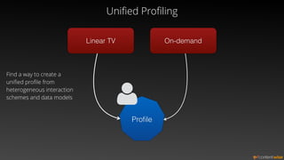 Uniﬁed Proﬁling
Linear TV On-demand
Proﬁle
Find a way to create a
uniﬁed proﬁle from
heterogeneous interaction
schemes and data models
 