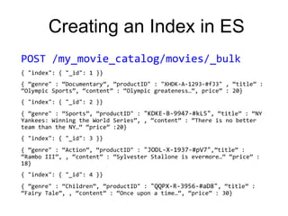 Creating an Index in ES
POST /my_movie_catalog/movies/_bulk
{ "index": { "_id": 1 }}
{ ”genre" : “Documentary”, ”productID...