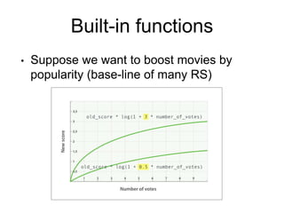Built-in functions
• Suppose we want to boost movies by
popularity (base-line of many RS)
 