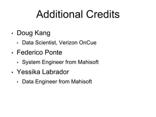 Additional Credits
• Doug Kang
• Data Scientist, Verizon OnCue
• Federico Ponte
• System Engineer from Mahisoft
• Yessika ...