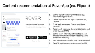 Content recommendation at RoverApp (ex. Flipora)
1. Define topic hierarchy (3000 topics) e.g.
Sports/Racing/Formula1
2. Define entities within topics: Schumacher,
Obama
3. Crawl web, get pages. Or use publishers
content.
4. Assign each incoming document to topics and
entity (sparse SVM)
5. Define user’s interest profile as topics and
entities consumed with some decay (15000
dimensional vector)
6. Find most similar docs for user to recommend
7. Get CTR, update recommendations on CTR
 