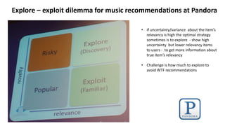 Explore – exploit dilemma for music recommendations at Pandora
• If uncertainty/variance about the item’s
relevancy is high the optimal strategy
sometimes is to explore - show high
uncertainty but lower relevancy items
to users - to get more information about
true item’s relevancy
• Challenge is how much to explore to
avoid WTF recommendations
 