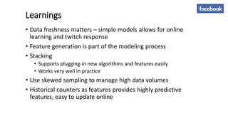 • Data freshness matters – simple models allows for online
learning and twitch response
• Feature generation is part of the modeling process
• Stacking
• Supports plugging-in new algorithms and features easily
• Works very well in practice
• Use skewed sampling to manage high data volumes
• Historical counters as features provides highly predictive
features, easy to update online
Learnings
 
