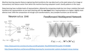 Machine-learning requires feature engineering that transforms the raw data (such as the pixel values of an image or
transactions) into feature vector from which the machine learning subsystem could classify patterns in the input.
Deep-learning have multiple levels of representation, obtained by composing simple but non-linear modules that each
transform the representation at one level (starting with the raw input) into a representation at a higher, slightly more
abstract level. With the composition of enough such transformations, very complex functions can be learned.
http://www.slideshare.net/kerveros99/deep-learning-for-recommender-systems-budapest-recsys-meetup
https://www.yammer.com/dunnhumby.com/#/uploaded_files/69393183?threadId=775785880
 