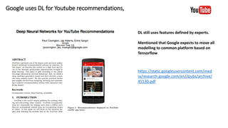 Google uses DL for Youtube recommendations,
DL still uses features defined by experts.
Mentioned that Google expects to move all
modelling to common platform based on
Tensorflow
https://static.googleusercontent.com/med
ia/research.google.com/en//pubs/archive/
45530.pdf
 