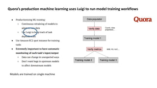 Quora’s production machine learning uses Luigi to run model training workflows
Models are trained on single machine
 