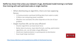 Netflix has shown that unless your dataset is huge, distributed model training is not faster
than training with well optimized code on single machine
http://www.slideshare.net/moustaki/some-pitfalls-of-distributed-learning
 