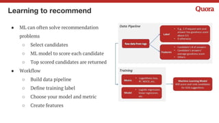 Open source project -- QMF
Quora Matrix Factorization
https://github.com/quora/qmf
● Currently BPR and WALS
● Multithreaded implementation in
C++14
 