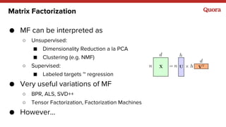 Matrix Factorization
● MF can be interpreted as
○ Unsupervised:
■ Dimensionality Reduction a la PCA
■ Clustering (e.g. NMF...