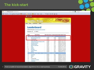 The kick-start




2   From a toolkit of recommendation algorithms into a real business   13.09.2012.
 