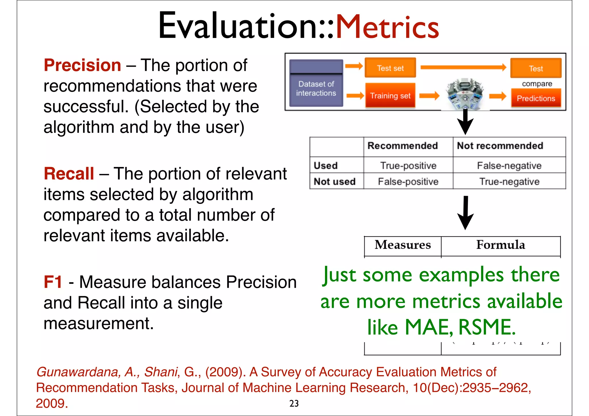 Evaluation::Metrics
 Precision – The portion of
 recommendations that were
 successful. (Selected by the
 algorithm and by the user)

 Recall – The portion of relevant
 items selected by algorithm
 compared to a total number of
 relevant items available.

 F1 - Measure balances Precision            Just some examples there
 and Recall into a single                   are more metrics available
 measurement.                                     like MAE, RSME.
Gunawardana, A., Shani, G., (2009). A Survey of Accuracy Evaluation Metrics of
Recommendation Tasks, Journal of Machine Learning Research, 10(Dec):2935−2962,
2009.                                     23
 